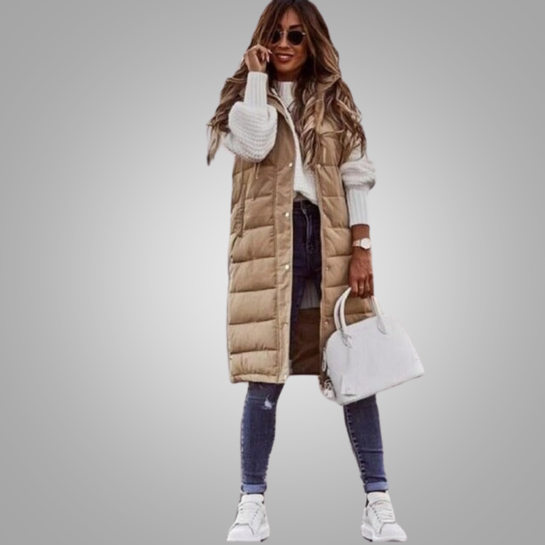 Margiela Maris Bodywarmer | Lange mouwloze puffer jas met capuchon voor dames