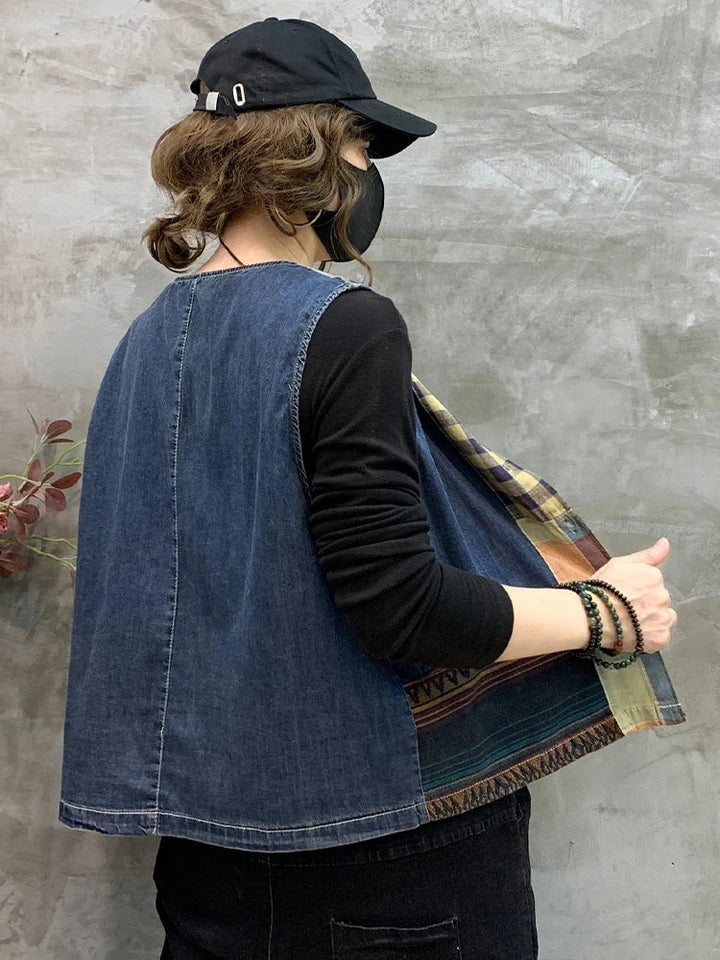 Helga Denim Top | Retro patchwork mouwloos jeans top voor dames