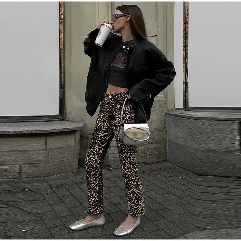 Rosa Luipaardprint-Jeans | Stijlvolle smalle streetwear damesbroek in pencil-stijl