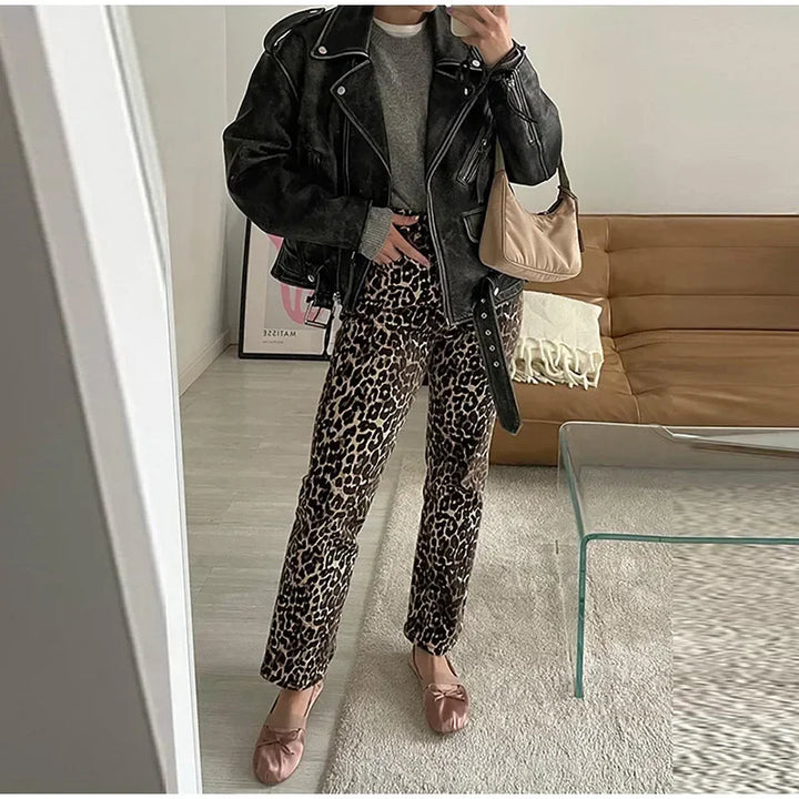 Rosa Luipaardprint-Jeans | Stijlvolle smalle streetwear damesbroek in pencil-stijl