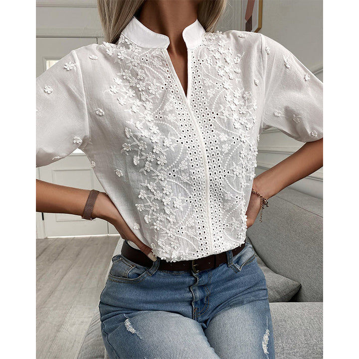 Amelia Blouse met Pofmouwen | Zomerblouse van kant met korte mouwen en V-hals