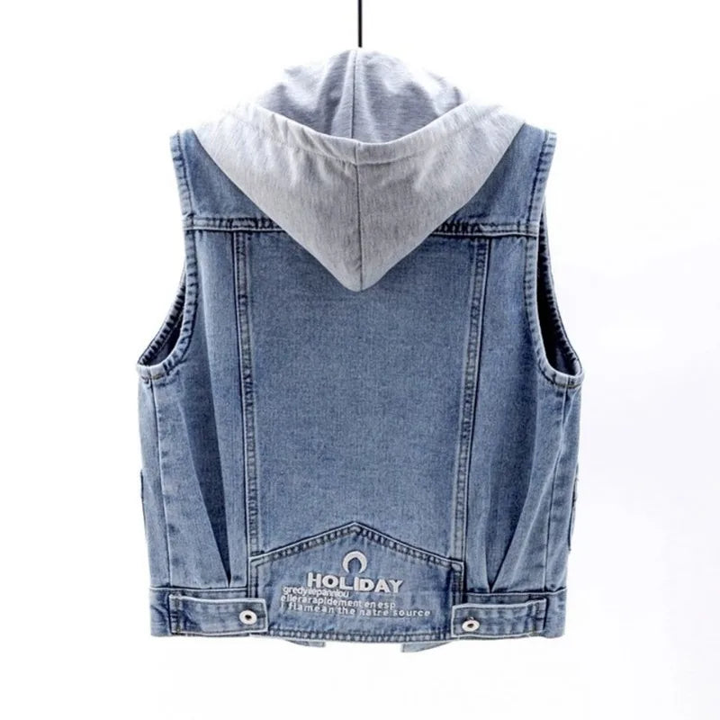 Celina Denim Bodywarmer | Casual spijkerstof gilet met capuchon voor dames