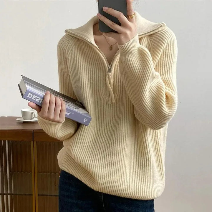 Loewa Coltrui | Casual loose fit kabel design gebreide sweater met rits en hoge kraag