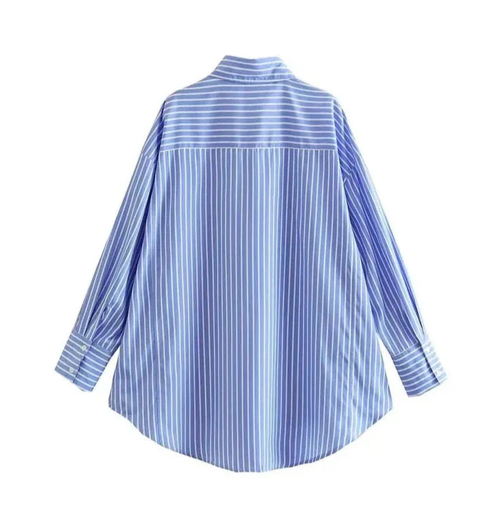 Isabella Striped Blouse | Retro stijlvolle blauw met wit gestreepte oversized blouse voor dames