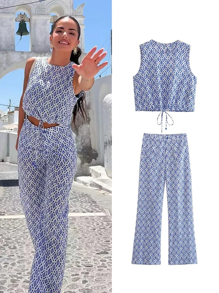 Stefanie Printed Set | Stijlvolle zomerset met mouwloze top en broek met wijde pijpen voor dames