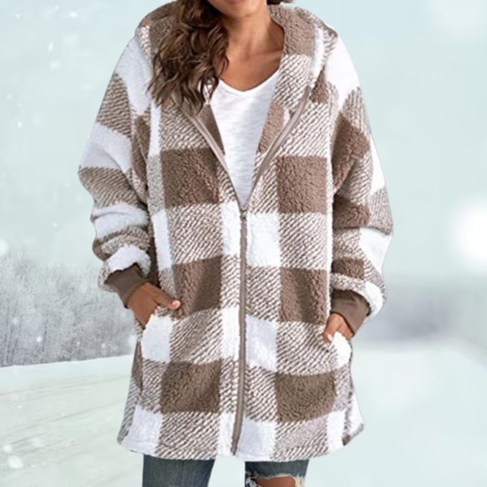 Lotte Fleece jas | Gezellige plaid sherpa jas met capuchon voor dames