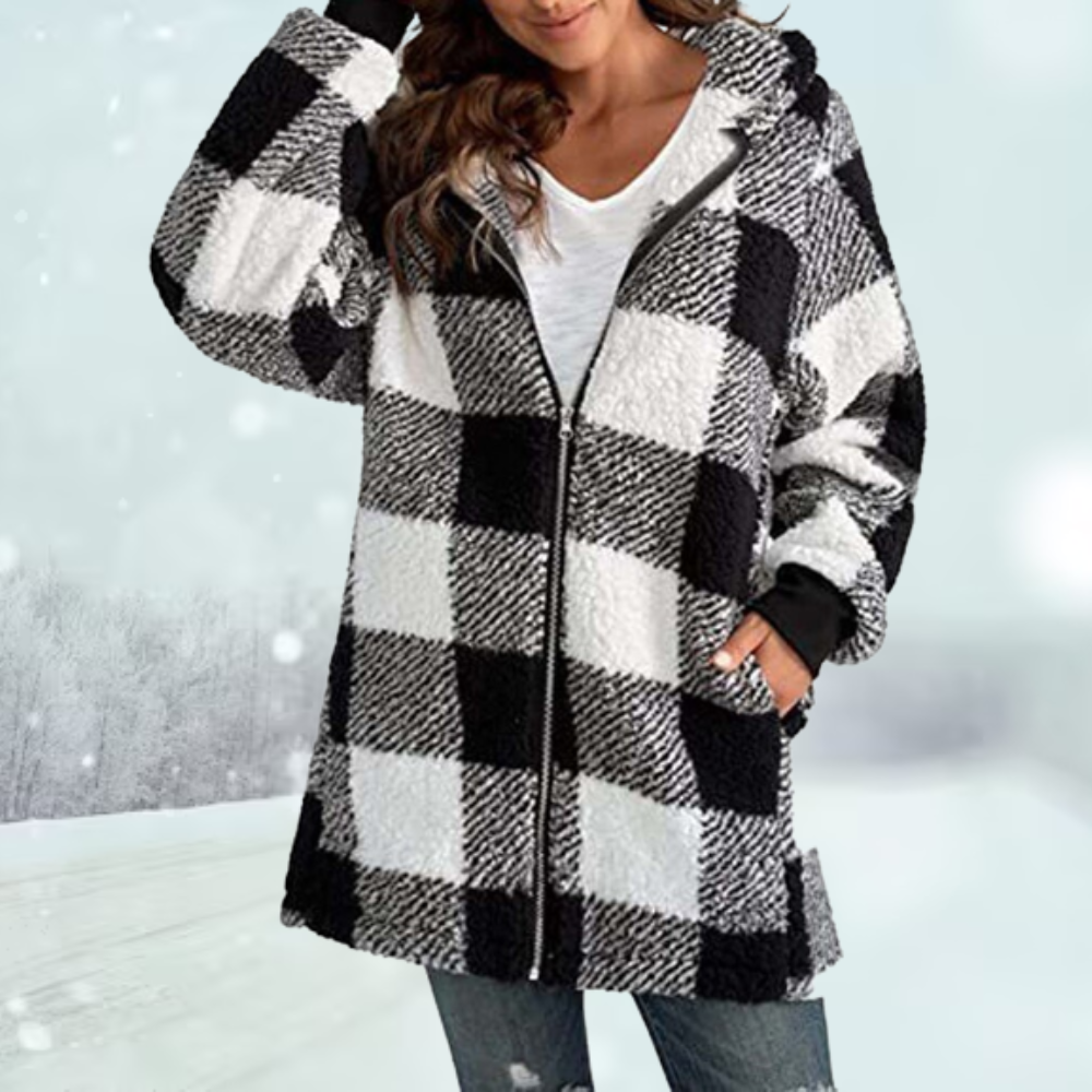 Lotte Fleece jas | Gezellige plaid sherpa jas met capuchon voor dames