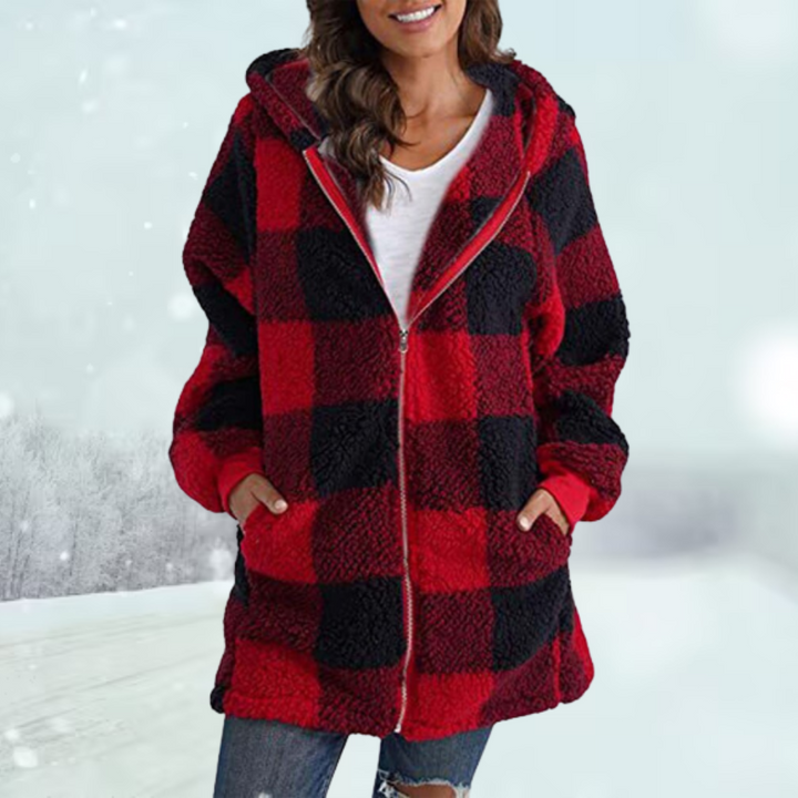 Lotte Fleece jas | Gezellige plaid sherpa jas met capuchon voor dames