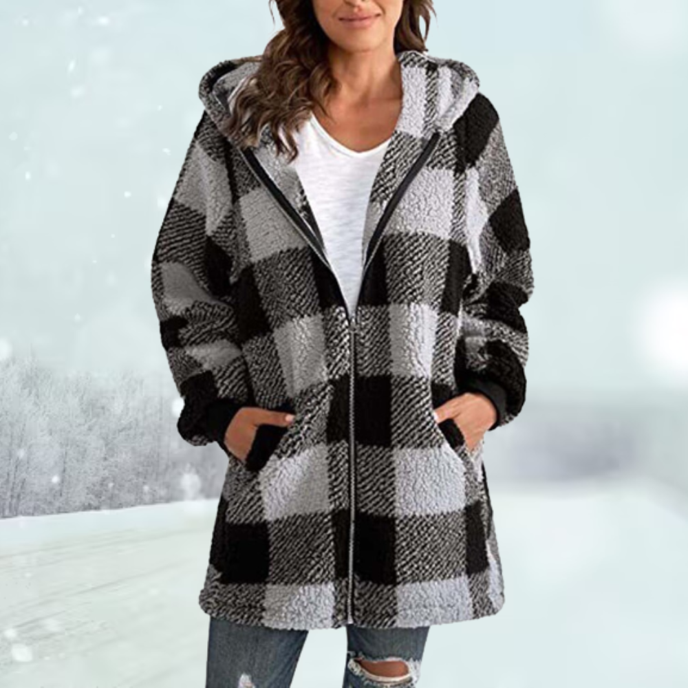 Lotte Fleece jas | Gezellige plaid sherpa jas met capuchon voor dames